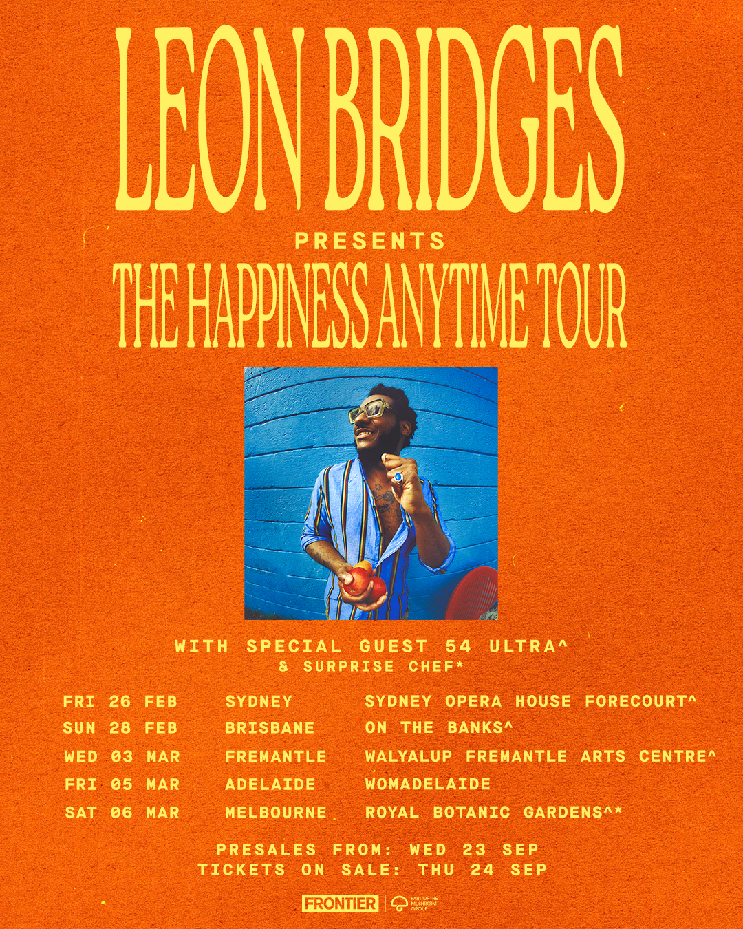 Leon Bridges The Happiness Anytime Tour poster on orange background with dates in Sydney, Brisbane, Fremantle, Adelaide, and Melbourne.